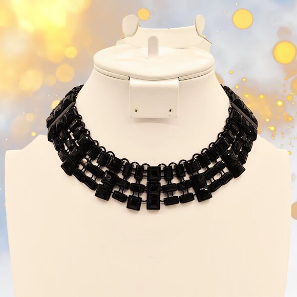 Natasha Black Geometric Multi-Strand Statement Necklace Chunky Resin Bib Collar - Picture 6 of 9